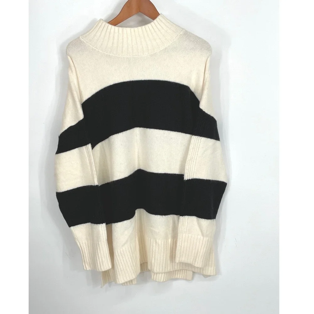 NWT LOFT Womens Sweater XL Pullover Tunic Cream Black Striped Mock Neck Knit
